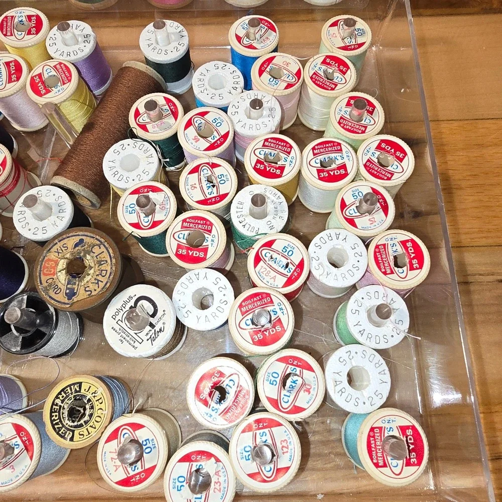 Vintage Sewing Thread Lot Wooden Plastic Spools Coats Clark Talon Lily 2 Cases